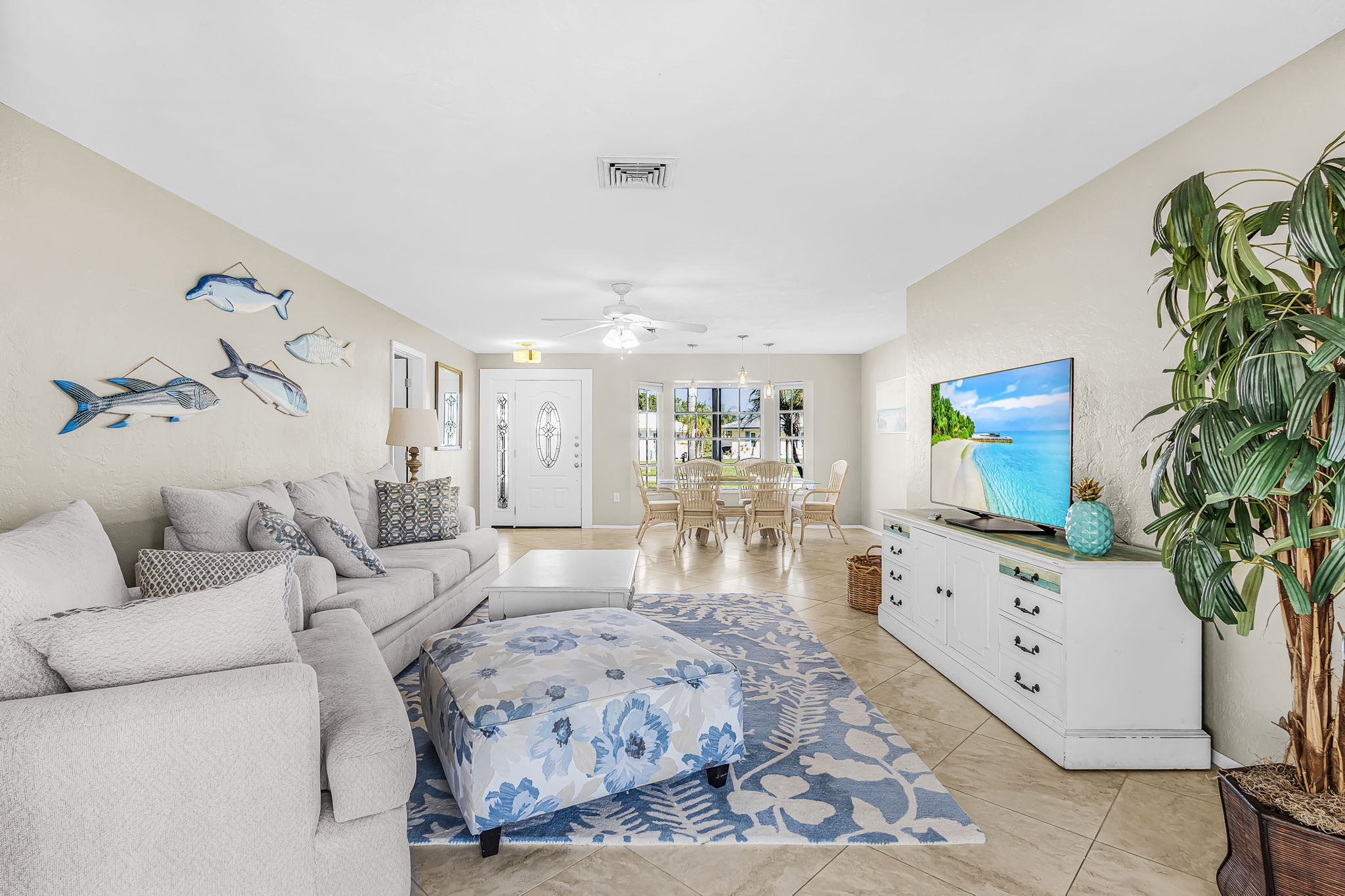 Living room and adjoining dining area