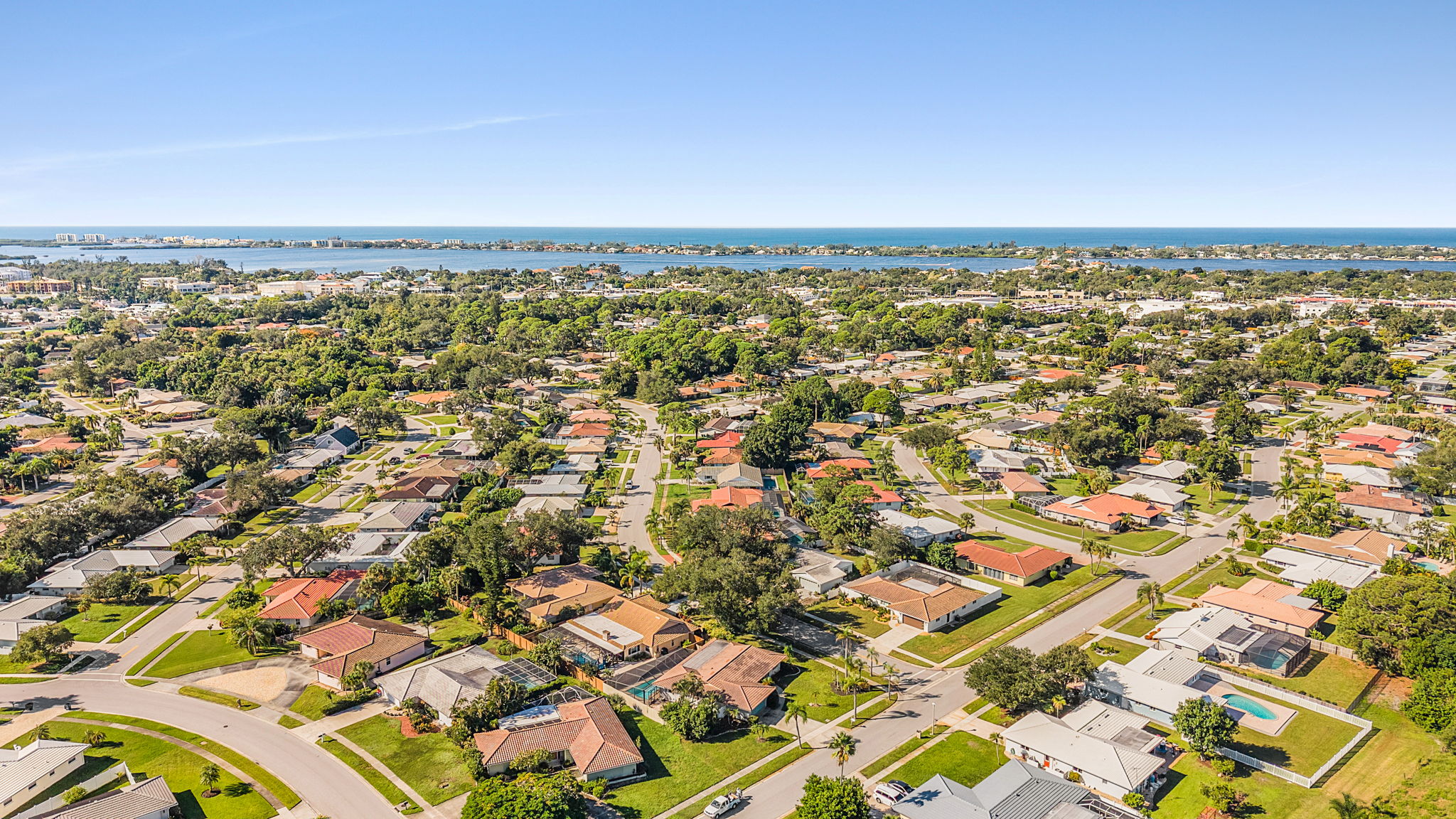 Aerial neighborhood view looking toward the Gulf