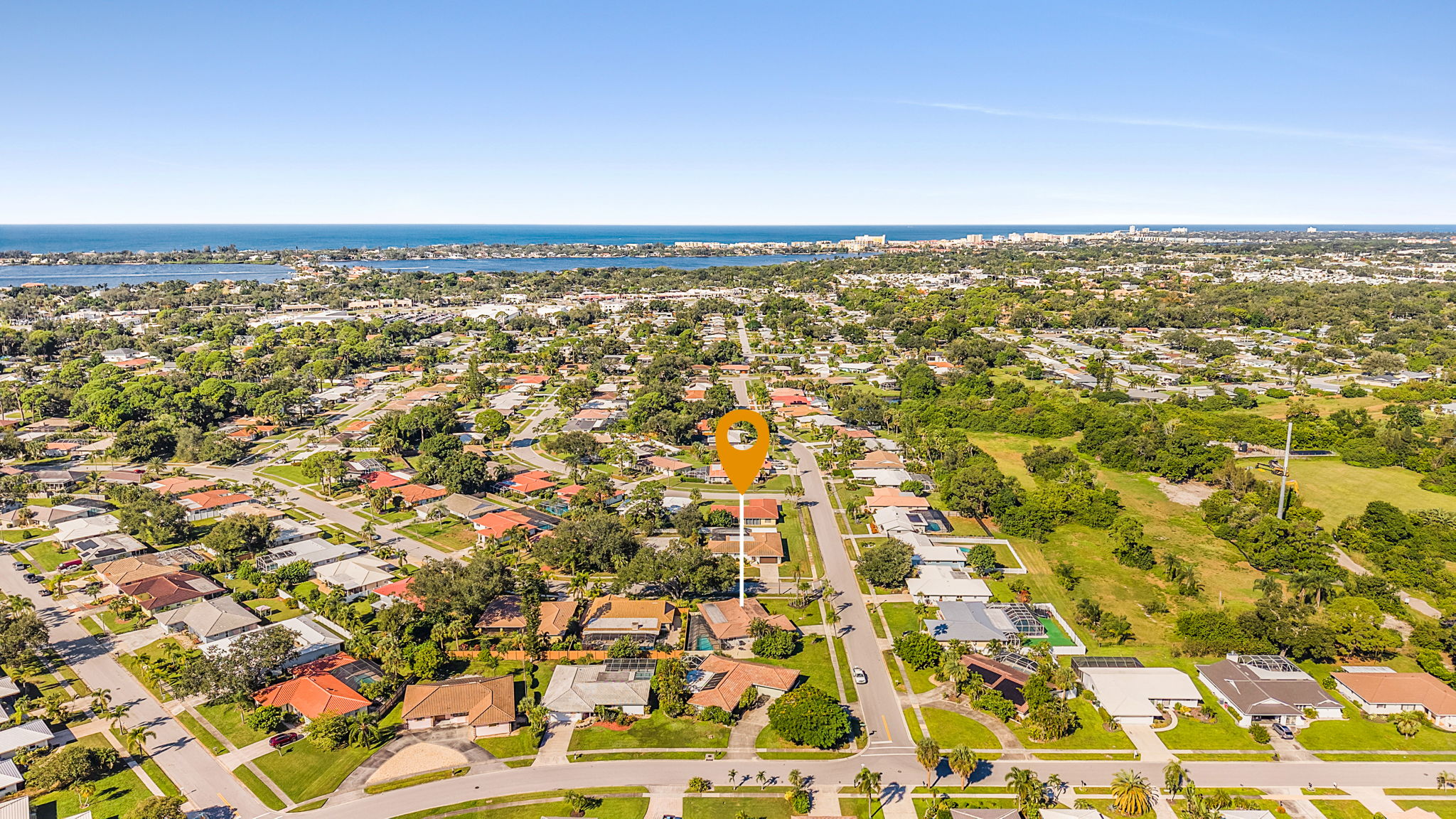 Aerial view with property location marked